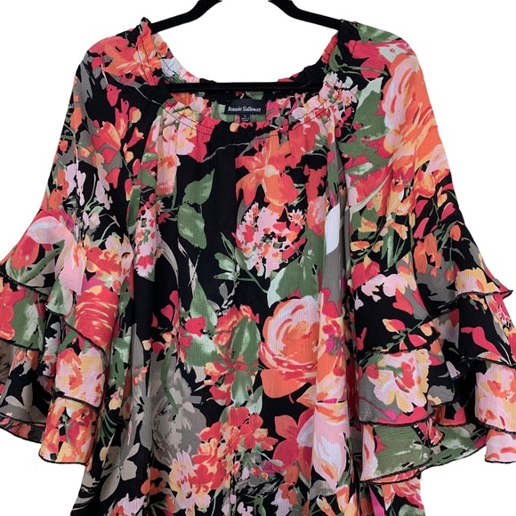 Ronnie Salloway Bright Floral Layered Cropped Bell Sleeve Blouse Top Large - Picture 2 of 7